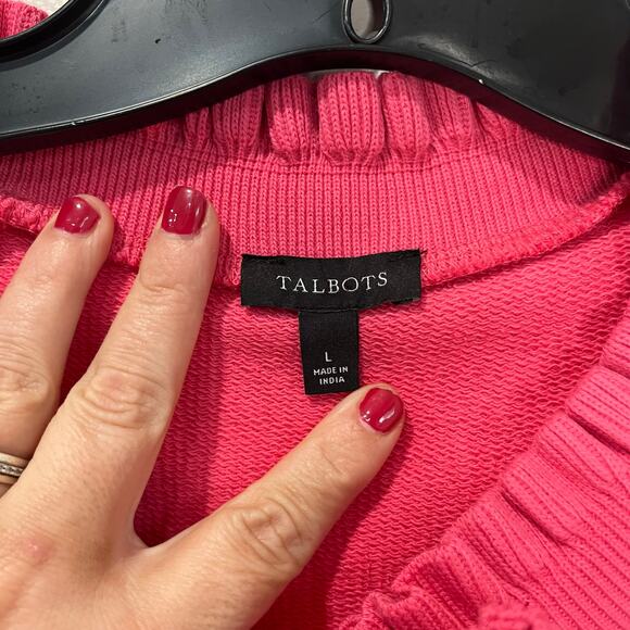 Talbots Pink Ruffle Neck Sweatshirt L 100% Cotton Button Detail Preppy Cozy Chic - Picture 6 of 9
